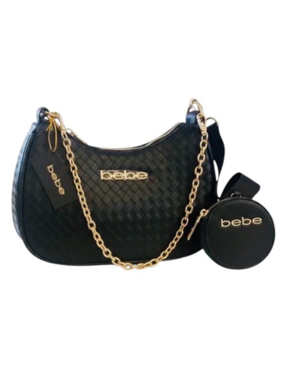 Bebe Mara woven Bag Crossbody or chain shoulder crescent shape w Coin pouch NWT